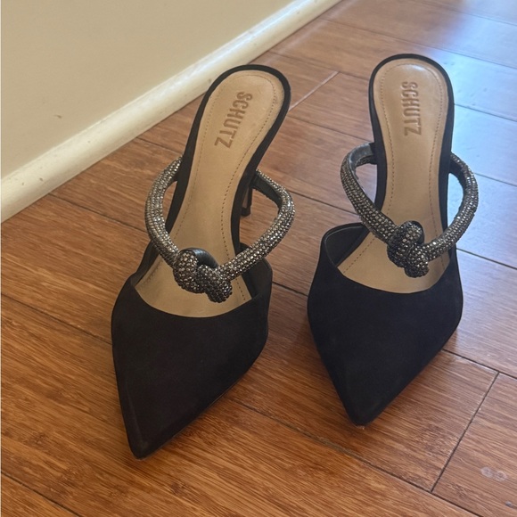Schutz Black Heels with Silver Embellished Straps - Picture 1 of 5